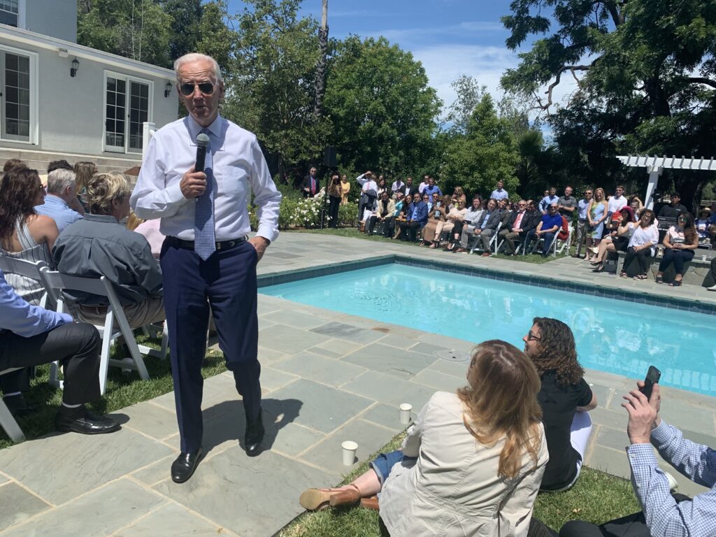 Joe Biden giving a speech, pool-side at a Silicon Valley fundraiser.