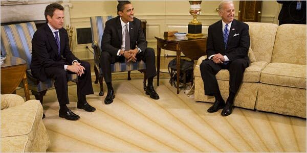 Joe Biden, Barack Obama, and then-Treasury Secretary Timothy Geithner.