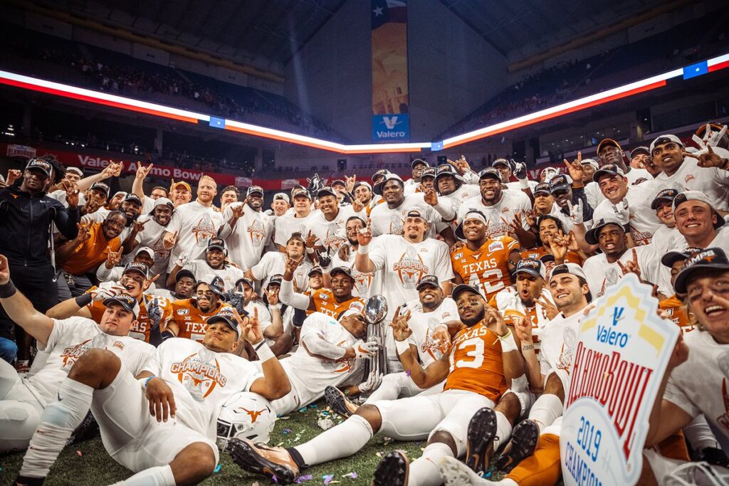 Texas Football celebrating after winning the Allstate Sugar Bowl against Georgia, Jan. 1, 2019